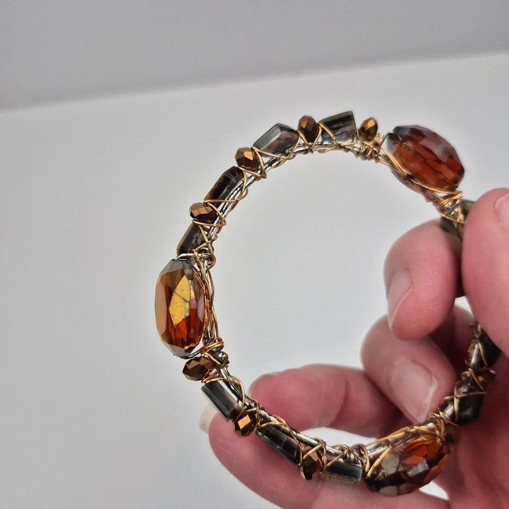 Beaded Wire Bangle Bracelet Abalone Crystal Accent Copper Tone 7.5